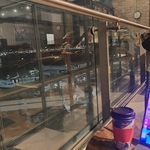 Looking out to darkness at Cafe Nero inside Terminal 5 departures