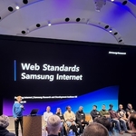 Brightly lit panel of speakers next to slide titled, Web Standards Samsung Internet