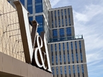 Exterior of V&A East with letters on side of building