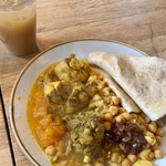 Curried chicken, spinach, beans, sweet potato and a large roti