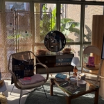 Interior lounge with a stylish wooden designer chair and decorative items for sale