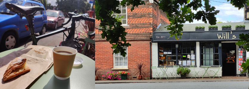 Left photo bicycle next to table with coffee and pastry, right photo outside of Will's caf&eacute; with est 2011 on sign