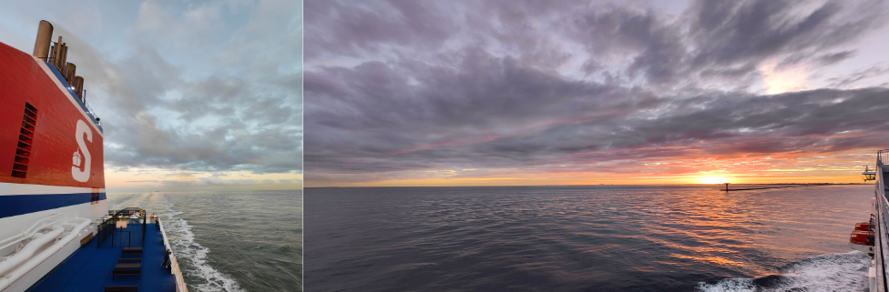 Left ship funnel view with S logo, right: golden sun rise over shoreline