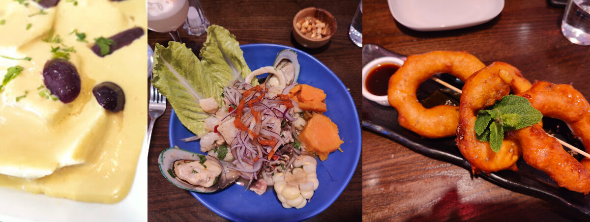 Food dished left to right, plate of potatoes, eggs and olives in mayonnaise sauce, plate of fresh seafood, plate of circle shaped pumpkin and sweet potato fritters