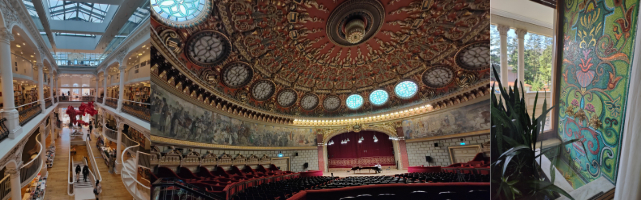 Left to right, bookshop interior, The Romanian Athenaeum view to stage, tiled wall at Primaverii Palace