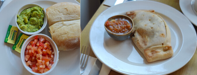 Left, marraqueta with spreading jars of avocado and tomato, right, pino empanada with pebre condiment