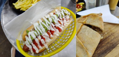 left to right, Completo and empanada cut in half.