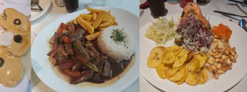 Left to right, Papa a la Huancaína, Lomo Saltado, Ceviché de Pascado