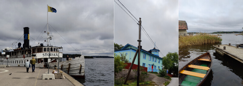 Left to right, Storskäl passenger ferry, blue painted wooden house, jetty with wooden row boat