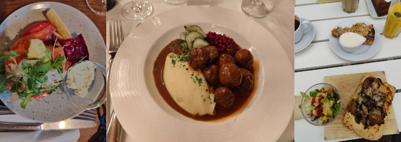 Left to right, salmon sandwich with salad dressing, meatballs in gravy sauce with mashed potato and lingonberries, smørrebrød with mushroom topping and rhubarb crumble desert above