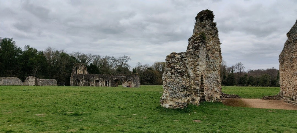 Waverley Abbey beneath a grey sky