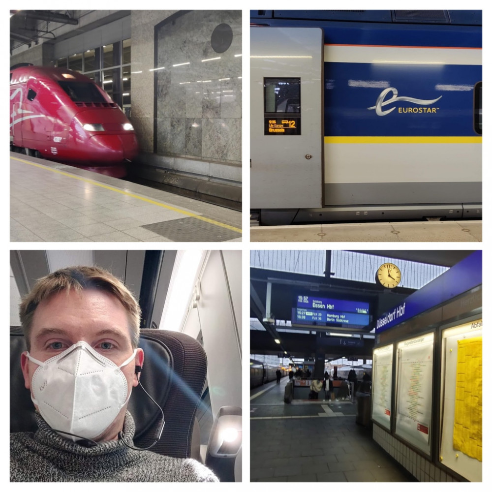 Four images of international train travel and Calum selfie