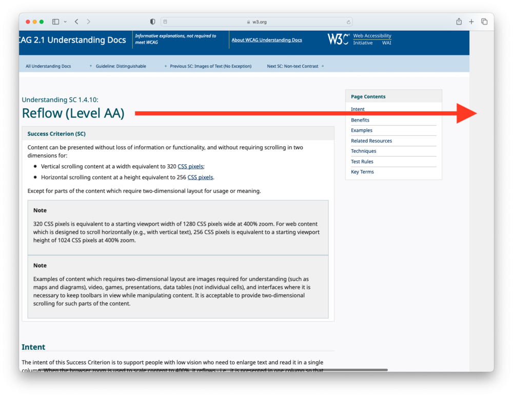 Screenshot of W3.org Reflow description page highlighting horizontal overflow