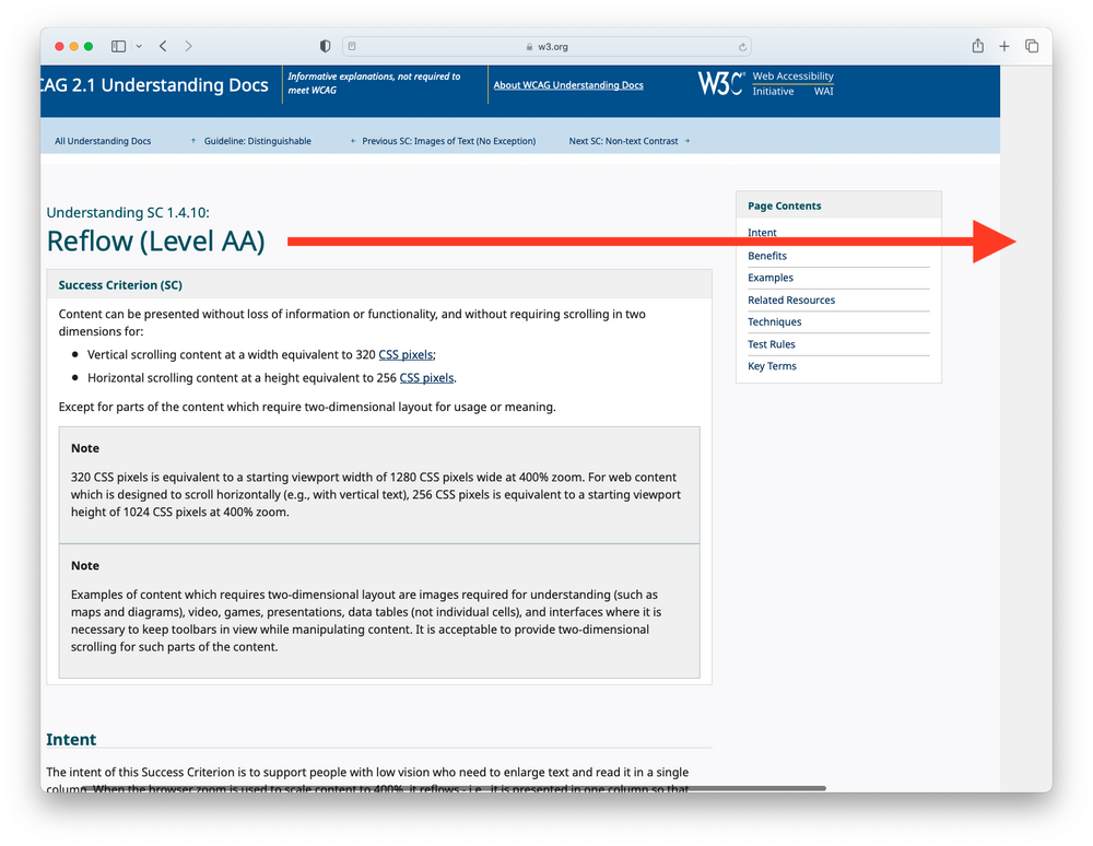 Screenshot of W3.org Reflow description page highlighting horizontal overflow