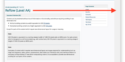 Screenshot of W3.org Reflow description page highlighting horizontal overflow