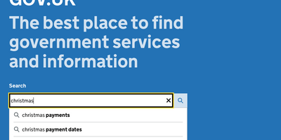 The GOV.UK homepage with a search for 