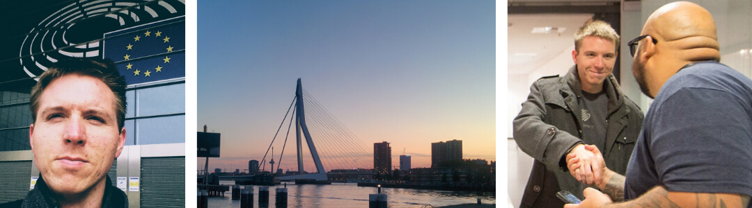 Left to right me outside the Brussels European Parliament, Erasmus bridge in Rotterdam, me shaking hands with Philip Saa