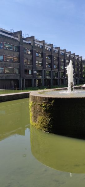 View of Barbican Centre. Alfresco lunch 15°C